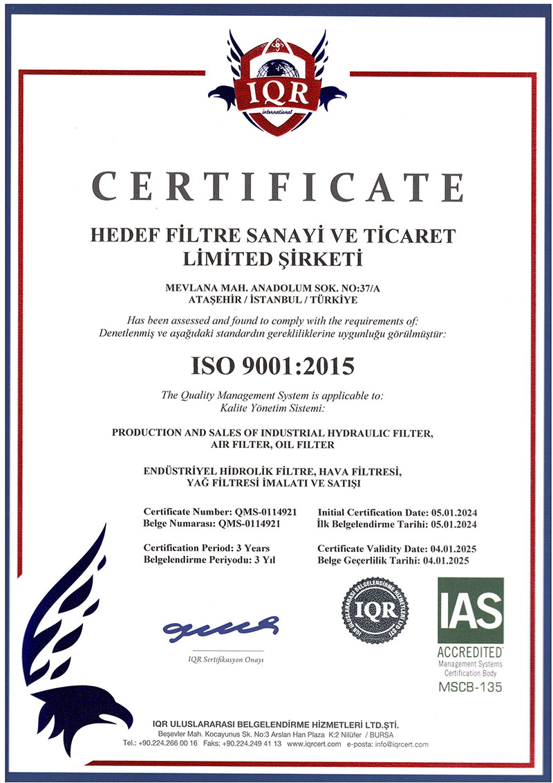 HEDEF FILTRE ISO 9001 Hakkımızda
